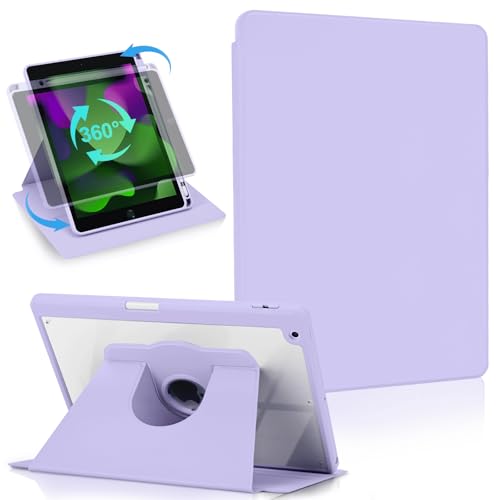 Koze Funda Giratoria para iPad 10.2 Pulgadas 9na 8va 7ma Generación con Soporte para Lápiz y Base Acrílica Antigolpes Funda Protectora Transparente Lila Púrpura