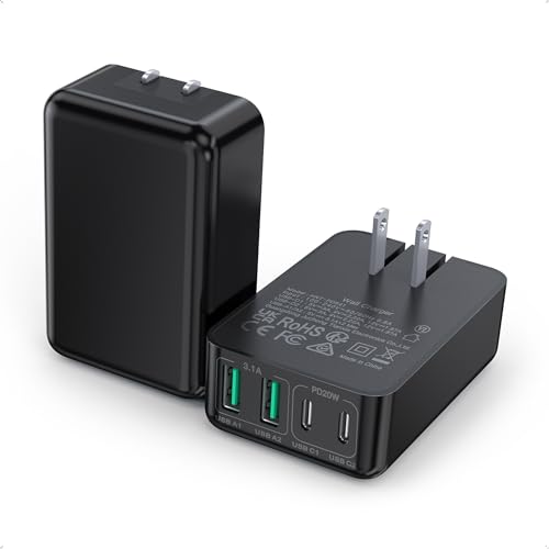[2-Pack] Flat 40W Multiport USB-C Wall Charger, Foldable Charging Block