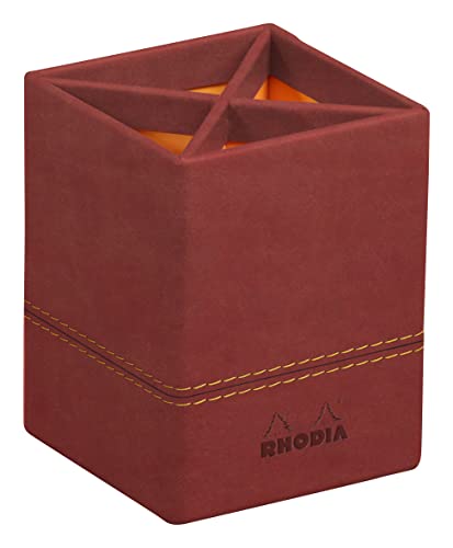 RHODIA 194527C, Nacarat Pencil Pot, 8x8x11 cm, Orange Saddle Stitching, Faux Leather Exterior