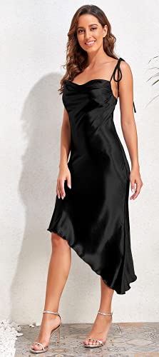 Modegal Women's Shiny Satin Adjustable Straps Backless Cowl Neck Asymmetric Hem Ruched Cocktail Cami Midi Dress Black #TOP3