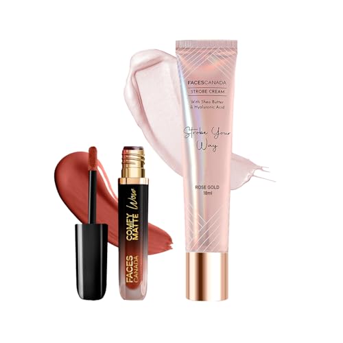 Image of FACES CANADA Comfy Matte Wow Liquid Lipstick - Nude Nectar 08 (3.8ml) & Rose Gold Strobe Cream (18ml) Combo| Highly Pigmented | Flawless Radiant Dewy Skin | Illuminating & Glowing Makeup Base