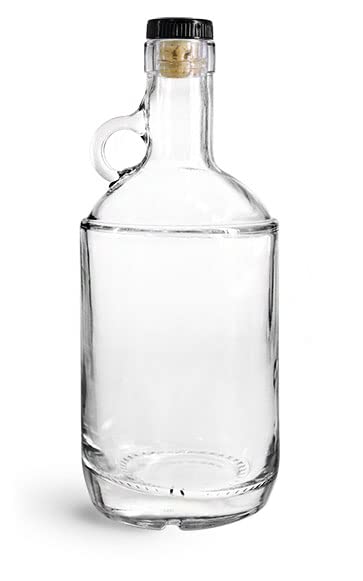 750 ml Glass Bottles, Clear Glass Moonshine Bottles w/Black Ribbed Bar Tops and Natural Corks