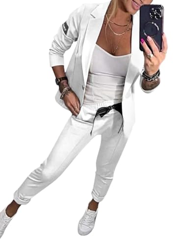 Minetom Damen Hosenanzug Zweiteiler Elegant Business Anzug Set Revers Büro Langarm Anzugjacke Blazer Hose 2-teilig Outfit Festlich Streetwear A Weiß XXL Minetom Damen Hosenanzug Zweiteiler Elegant Business Anzug Set Revers Büro Langarm Anzugjacke Blazer Hose 2-teilig Outfit Festlich Streetwear A Weiß XXL