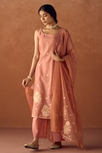 Image of FIORRA Women Peach Cotton Jacquard Woven Kurta Set with Dupatta