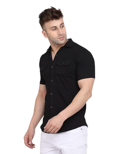 Image of Men's Half Sleeve Shirt - Spread Collar Casual Shirt with Double Flap Pockets - Slim Fit Cotton Blend Button-Down