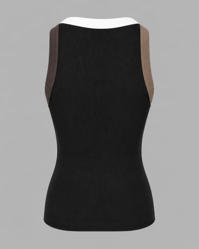 Image of CHICME Womens Sleeveless Ribbed Built in Bra Tank Tops | Color-Block, Crewneck Padded Racerback Shirts, Slim Fit, High Stretch Fabric, Casual Basic Tank for Going Out & Layering