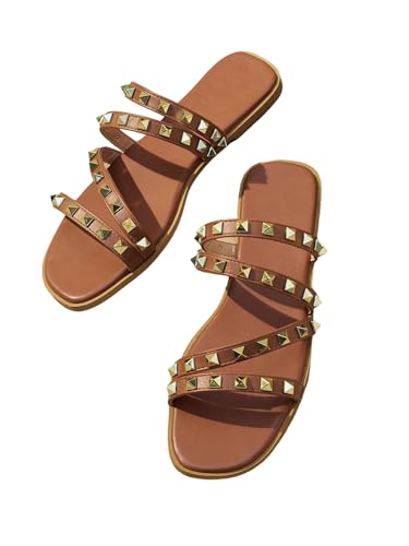 OYOANGLE Women's Studded Strappy Leather Slide Sandals Square Open Toe Slip on Flat Sandal
