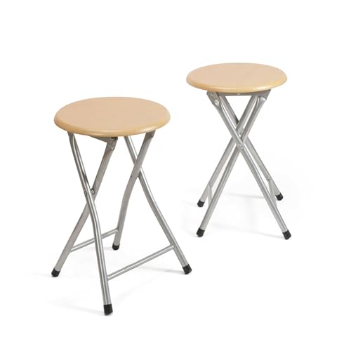 THE SECRET HOME Pack de 2 Taburetes Plegables de Madera y Metal - 30x45cm - Ideal para Cocina, Terraza o Jardín - Resistentes, Fáciles de Guardar y Limpiar - Color: Natural