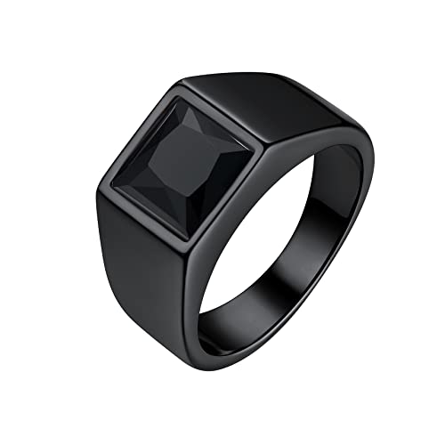 Bestyle Anillos Hombre Anillo de Sello Cuadrado Anillo de Sello Hombre Anillo Cristal Negro Anillos Acero Inoxidable Hombre Tamaño 25