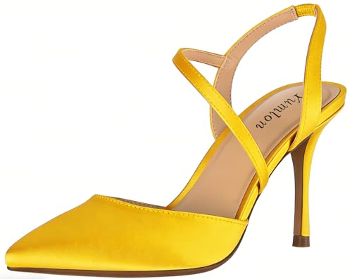 Satin Yellow Heels for Women Closed Toe Slingback Heel Pumps, Size 6.5