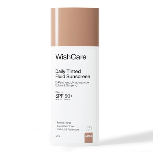 Image of WishCare Daily Fluid Tinted Sunscreen SPF50 PA++++ | M204 | Broad Spectrum Protection for all skin types | In-Vivo Tested Tinted Sun Screen | D-Panthenol, Niacinamide, Ectoin & Ginseng | Evens & Protects | 50ml