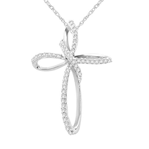 Jewelili 10K White Gold 1/5 Cttw Natural White Round Diamond Cross Pendant Necklace, 18
