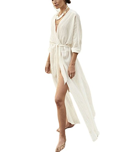 Bsubseach White Long Sleeve Beach Cover Ups for Women Side Split Bikini Kimono Swimsuit Cover Up Swimwear with Belt