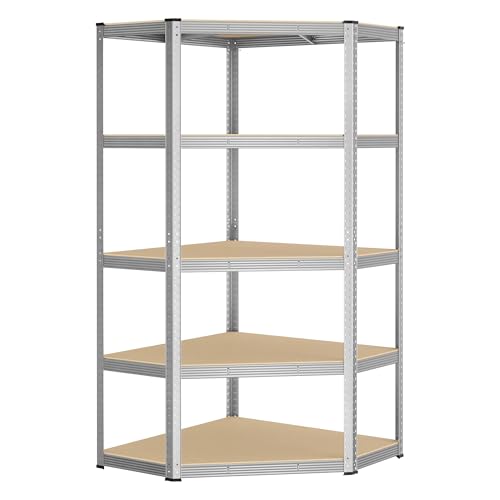 SONGMICS Étagères d’Angle à 5 Niveaux, Étagères de Rangement en Acier, Charge Lourde, Garage, Entrepôt, Capacité de Charge 875 kg, Argent et Beige...