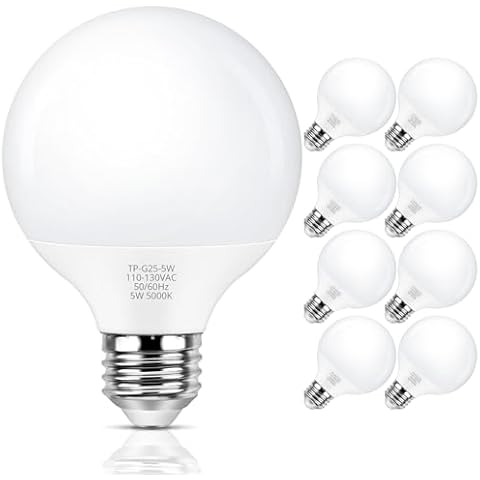 MAXvolador G25 LED Globe Light Bulb 60W Equivalent, Daylight White 5000K E26 Vanity Light Bulbs for Bathroom Makeup Mirror, Round Bulb Non-Dimmable 8-Pack Cover