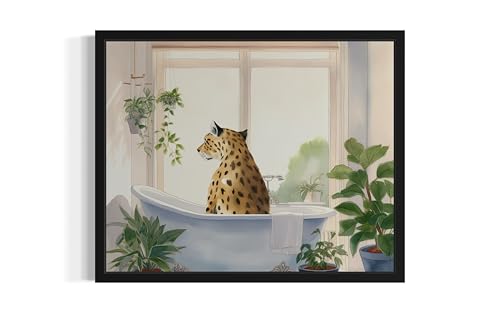 Image of Leopard Black Framed Wall Art Poster Print, Animal Bathtub Restroom Wall Art Painting for Bathroom Decor Gallery Gallery 30 (Leopard 2, 24 inch L x 18 inch W, Black Frame)