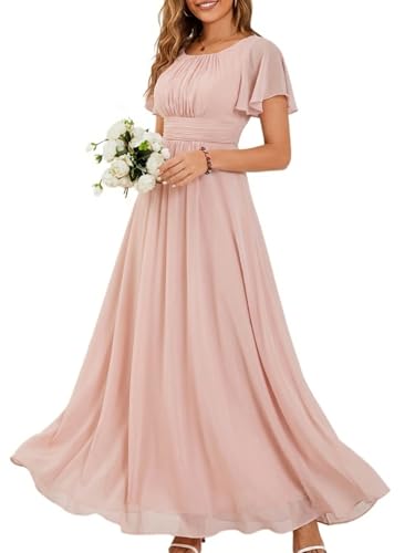 Ever-Pretty Women's Spring Elegant Round Neck Short Sleeve Chiffon Empire Waist Floor Length Formal Dresses Bridesmaid Dress Pink US4