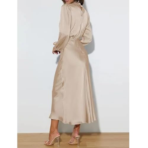 Women's Luxury Long Sleeve Satin Elegant Dress Elastic Waist Cocktail Wedding Midi Formal Dress4