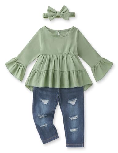Image of FoWear Toddler Girl Clothes Long Sleeve Ruffle Dress Top and Jeans Pants Toddler Girl Fall Outfits