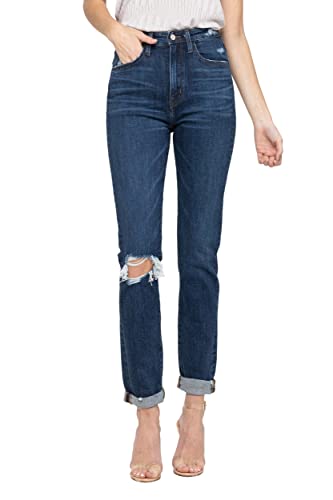 VERVET, Distressed Roll Up Stretch Mom Jean, Dark Blue