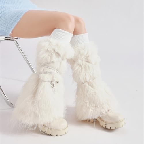 Women Aesthetic Ribbed Cuffs Plush Leg Warmers with Ties Bandage Furry Boot Covers Flared Leg Sleeves Footless Socks Sock4