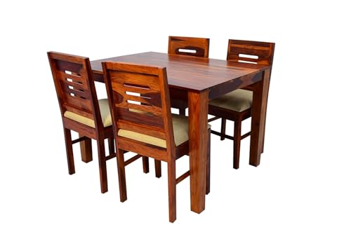 Image of Sheesham Wood 4 Seater Dining Table Sets for Dining Room | Solid Wood Dining Table with 4 Cushion Chairs for Hotels | Dining Room Sets Furniture for Hotels (Honey Finish)