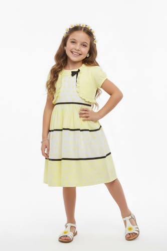 Image of ToBeInStyle Girls Two Piece Short Sleeve Dress and Matching Bolero Crop Cardigan Assorted Prints Cotton Blend Summer Outfit