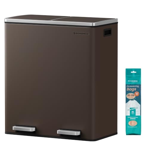 Image of SONGMICS Trash Can, 2 x 8 Gallon (2 x 30 L), Brown | Garbage Can for Kitchen, With 15 Trash Bags, 2 Compartments, Plastic Inner Buckets and Hinged Lids, Airtight, ULTB60BR