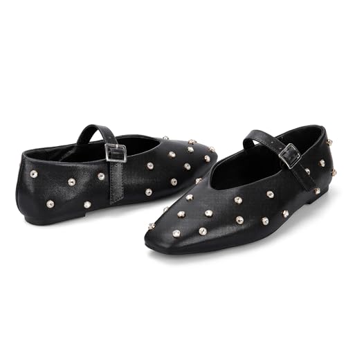 Goolita Sparkly Rhinestone Flats for Women, Square Toe Low Heel Studded Balle Flats Shoes Comfortable Buckle Strap Mary Jane Shoes 6