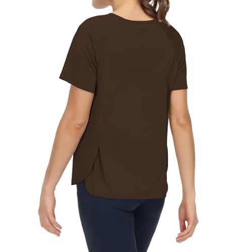 THE GYM PEOPLE Women's Short Sleeve Workout Shirts Breathable Yoga T-Shirts with Side Slits Athletic Tee Tops Small Brown