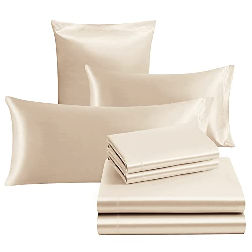 Image of Ersmak 7 Pieces Satin Sheets Set California King Size, Luxury Silky Beige Satin Bed Sheets Set with 1 Deep Pocket Fitted Sheet, 1 Soft Flat Sheet, 4 King Pillowcases and 1 Body Pillowcase