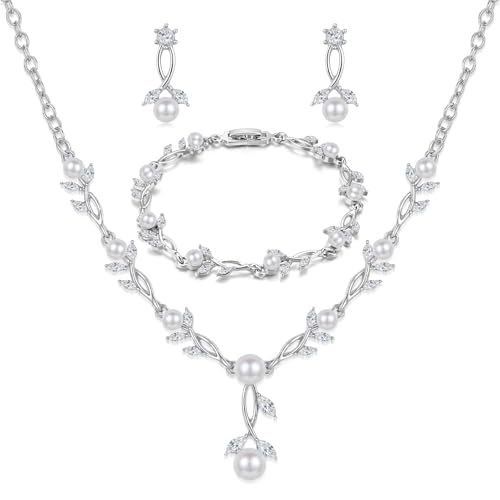 Hadskiss Jewelry Sets for Women, White Gold Plated Pearl Dangle