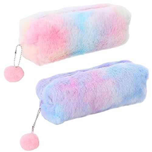 Estojo de lápis para meninas, 2 peças, estojo macio e fofo, estojo de lápis fofo de grande capacidade, estojo de lápis arco-íris para presentes de material escolar.