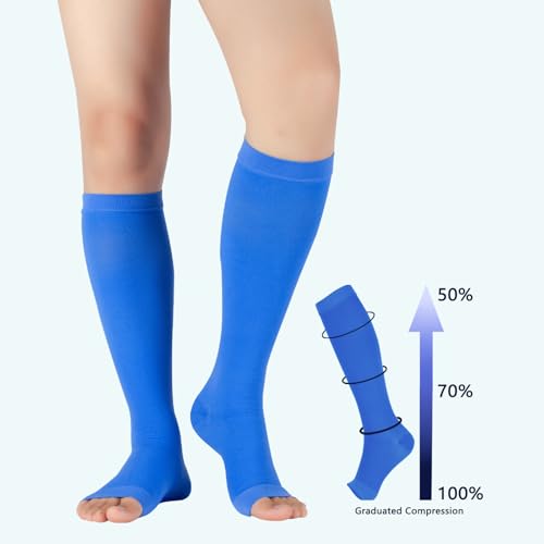 Image of Lin Performance Medical Compression Socks for Women and Men, 20-30 mmHg Open Toe Knee High Stockings, Leg Support for Daily & Travel Comfort (S,Blue)