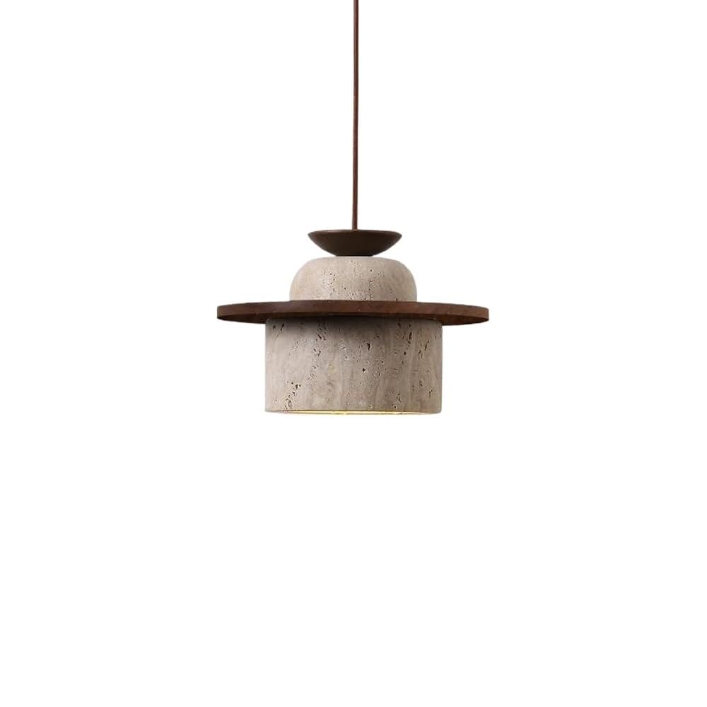 LYMSXAZOU Mid-Century Modern Adjustable Height Hanging Lamp 3000K Warm Cylindrical Yellow Travertine Body Pendant Light Fixtures Solid Wood Accent Chandelier for Living Room(Walnut Color)