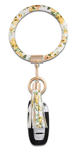 Coolcos Key Ring Bracelets Wristlet Keychain Bangle Keyring - Large Circle Leather Tassel Bracelet Holder For Women Gift (yellow flowers)