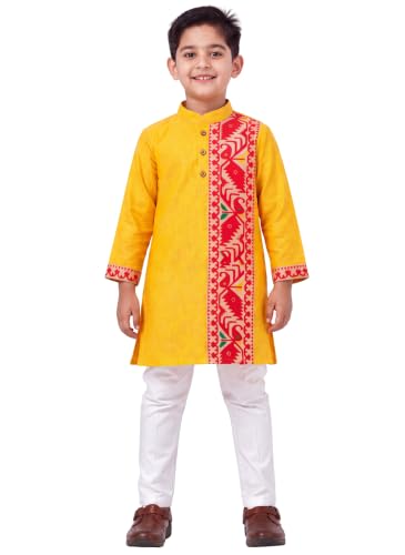Image of Kurta Pajama for Kids Boys - Jamdani Border Kurta and Elastic Waist Pyjama Set