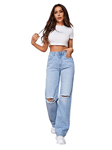 SweatyRocks Women's Ripped Straight Leg Jeans High Waist Distressed Cutout Denim Pants3