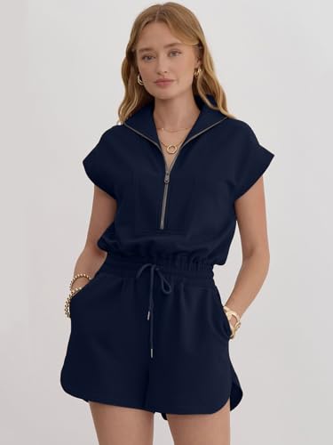Image of Rompers for Women Summer Short Sleeve Half Zip Lapel Collar Jumpsuit Casual Drawstring One Piece Outfits with Pockets