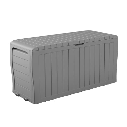 Keter Marvel Plus 71 Gallon Resin Outdoor Storage Box for Patio Furniture Cushions, Throw Pillows, Garden Tools and Pool Floats, Light Grey