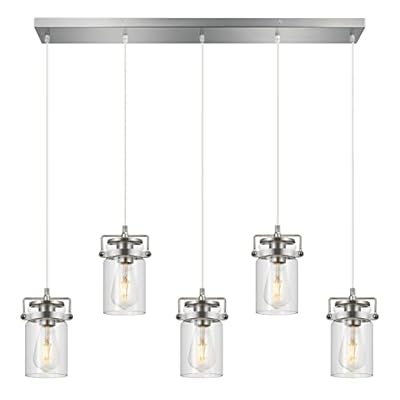 Kitchen Island Lighting, Pendant Lighting for Dining Room Kitchen Island Lighting Farmhouse Chandelier, 5 Light Hanging Linear Chandelier Brushed Nickel Pendant Lights with Clear Glass Shades