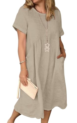 Sommerkleid Damen Leinen Kleider Casual V-Ausschnitt Midikleid Kurzarm A-Linie Kleid Strandkleid (E Khaki, XXL)