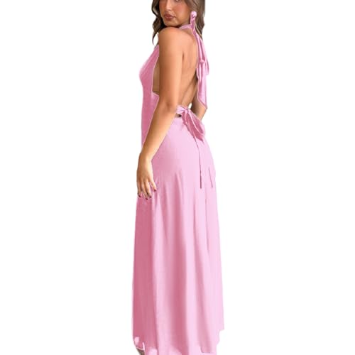 Image of ANKOMINA Women's Sexy V Neck Halter Backless Maxi Dress Ruched High Split Long Bodycon Dresses for Party Cocktail Evening