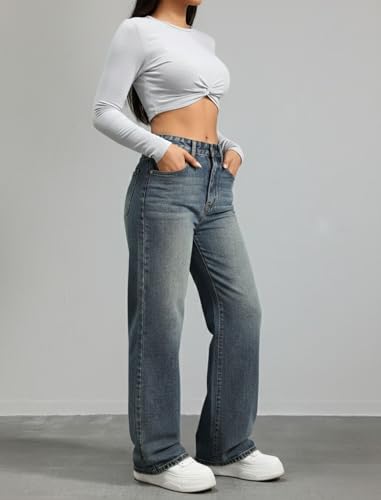 Image of DEELMO Women's Wide Leg Denim Jeans High Rise Loose Fit | Stretchy Casual Straight Pants Trendy | Comfortable Everyday Fashion Jeans for Women