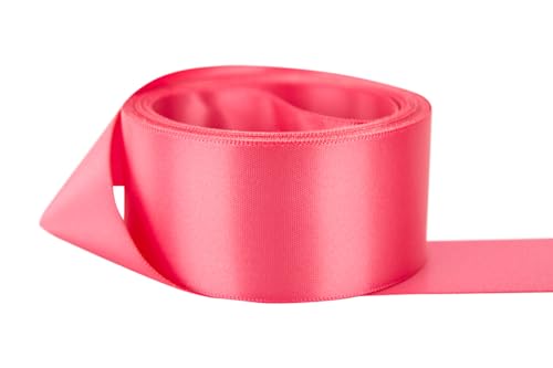 Image of Ribbon Bazaar Double Faced Satin - Premium Gloss Finish - 100% Polyester Ribbon for Gift Wrapping, Crafts, Scrapbooking, Hair Bow, Decorating & More - 1-1 /2 inch Pink Coral 50yd Spool