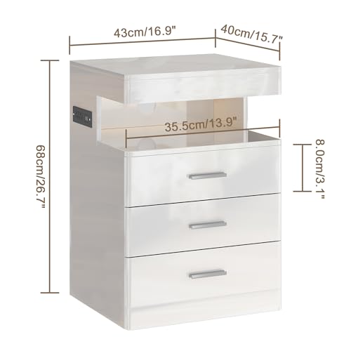 Treocho Led Nightstand with Hidden Space, Modern Night Stand with Charging Station, 3 Drawer Smart Nightstand with Glossy Finish, Tall Bedside Table with RGB Lights for Bedroom, White