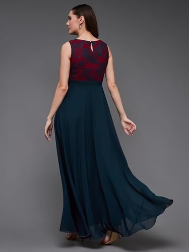 Image of Miss Chase Women's Brick Red & Dusty Green Boat Neck Sleeveless Self Design Lace Overlaid Regular Dress