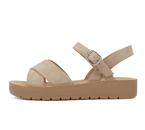 Image of Soda CHESTER ~ Women Flat Sandals Flatform Ankle Buckle Criss Cross Band Straps Sandals Shoes (Gold Raffia, 5.5)