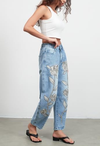 LifeShe Embroidered Pants for Women Floral Mid Rise Denim Baggy Barrel Jeans Boyfriend Trousers4