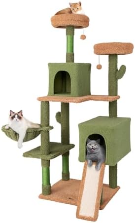 GOPLUS Arbre à Chat en Forme de Cactus Vert 160cm, Arbre Chat avec 2 Perchoirs, 2 Condos, Hamac, 2 Balles, Poteaux à Gratter en Sisal, Rampe, Coussins Lavables, Arbre d'Activités pour Chats